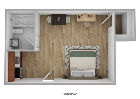 a stylized floor plan of a room with a bedroom and a bathroom